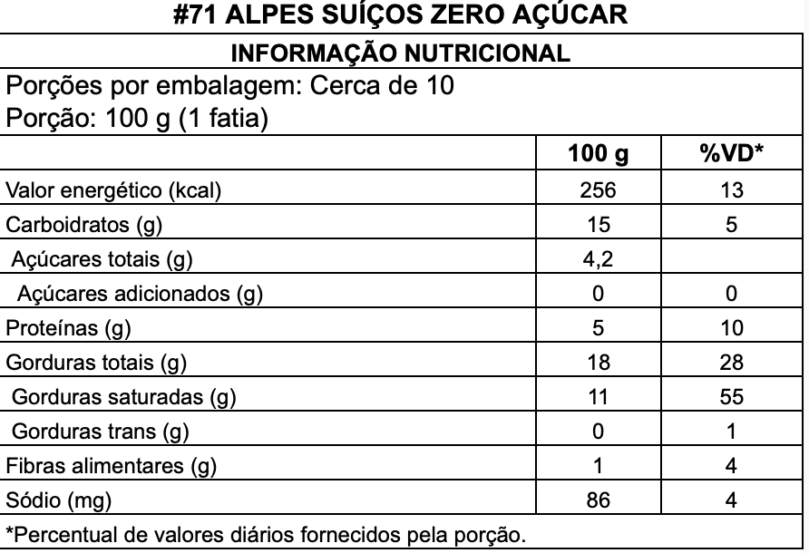 Alpes Suíços Zero Açúcar tabela nutricional